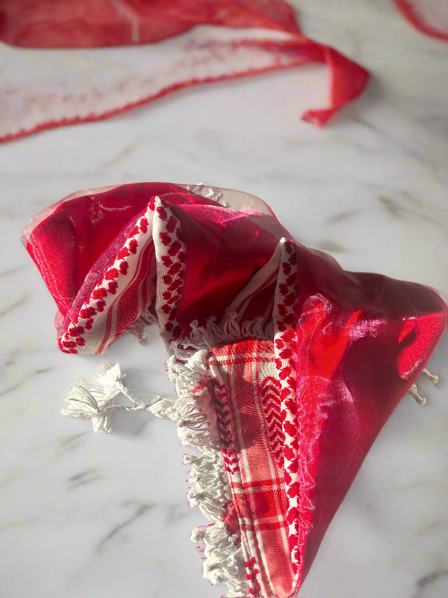 red keffiyeh sheer organza scarf, upcycled, handmade, artisan