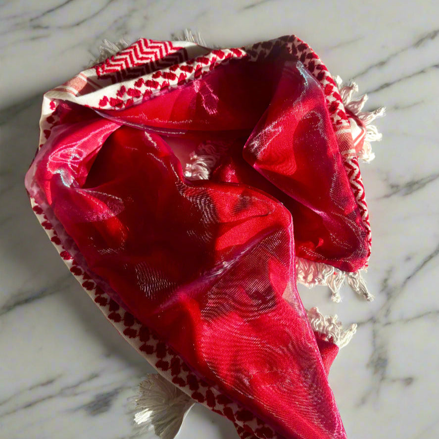 red keffiyeh sheer organza scarf, upcycled, handmade, artisan