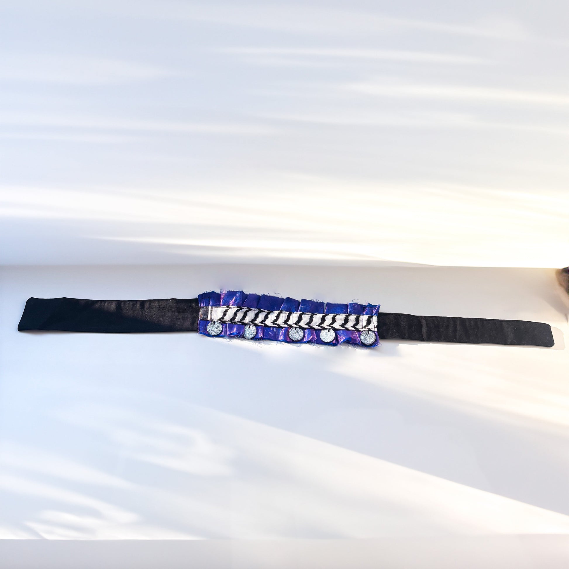 satin head piece or necklace with coins with black cotton tie