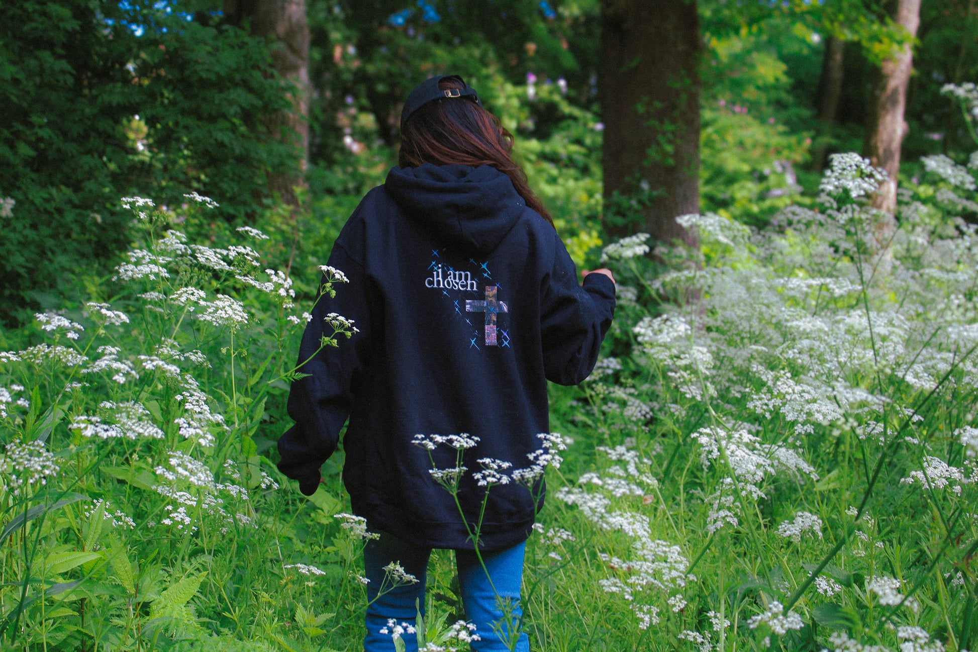 in all my brokenness i am chosen cross black and white hoodie with Bible verse print, Zazu Store Faith Collection 4 editorial print