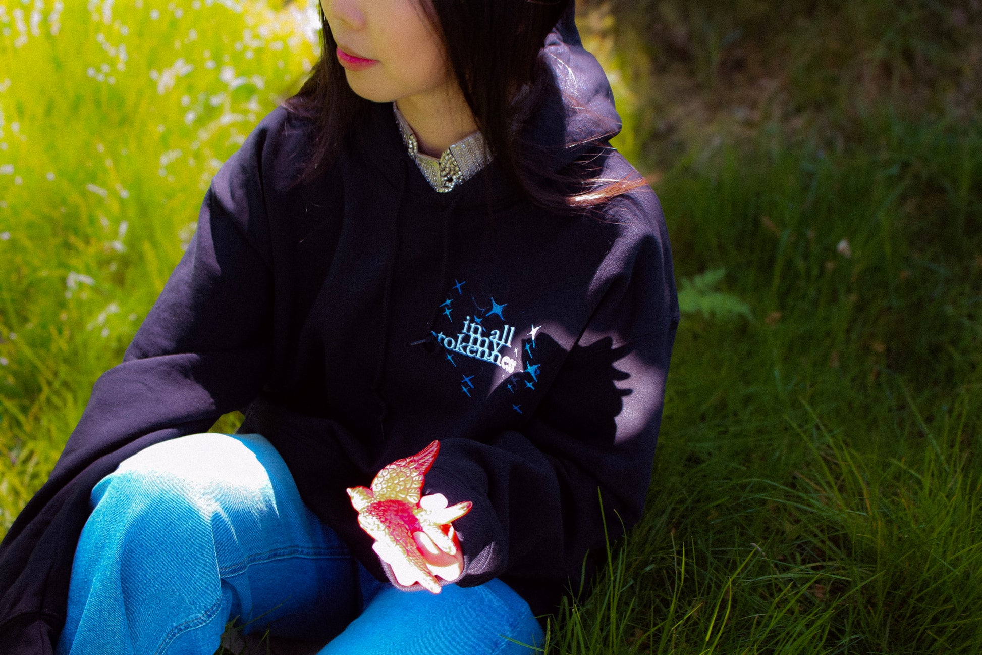 in all my brokenness i am chosen cross black and white hoodie with Bible verse print, Zazu Store Faith Collection 4 editorial print