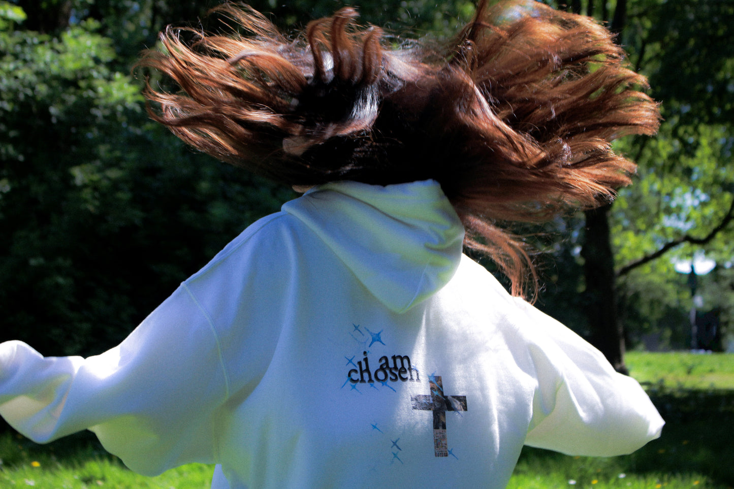 in all my brokenness i am chosen cross black and white hoodie with Bible verse print, Zazu Store Faith Collection 4 editorial print